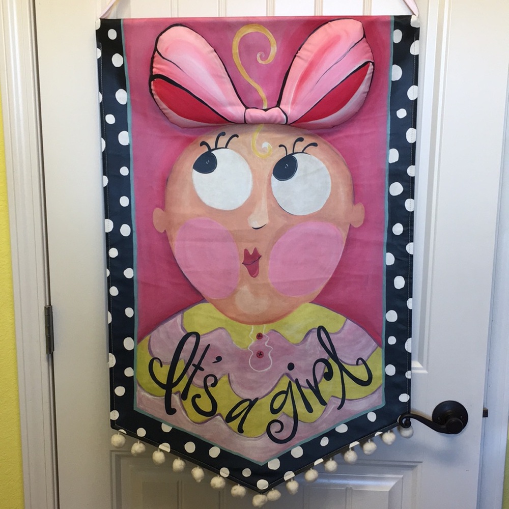 Painted canvas ‘It’s A Girl’ for front door or hospital door birth announcement